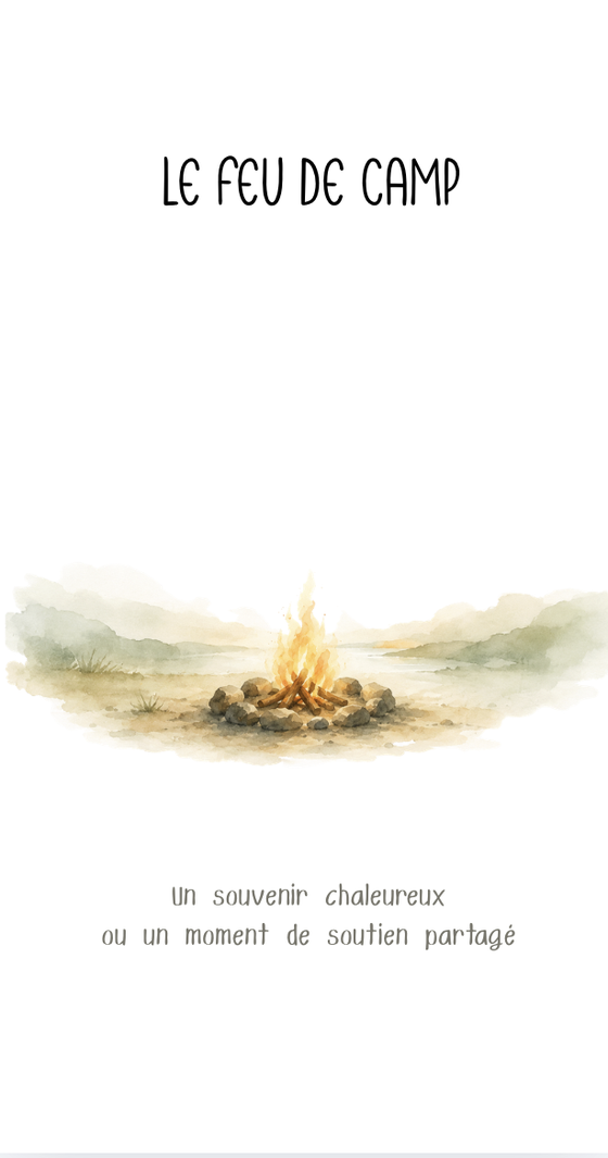 Recto d'une carte Récits élargis, « Le feu de camp », avec son illustration