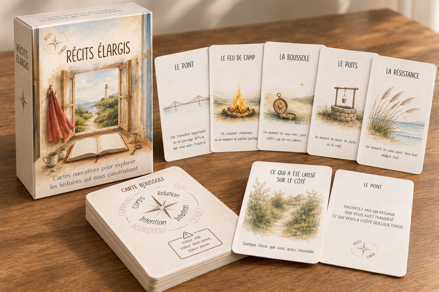Boîte et cartes du jeu Récits élargis, posées sur une table en bois